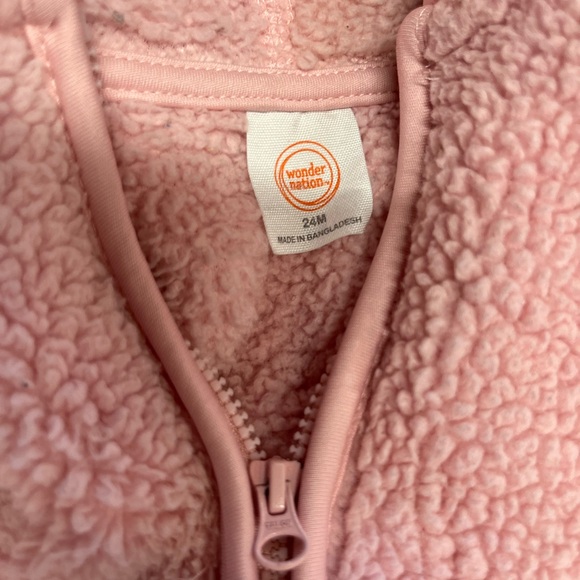 Girls Pink Sherpa Zip Up Jacket with Teddy Bear Ears Hoodie Wonder Nation - Picture 2 of 2